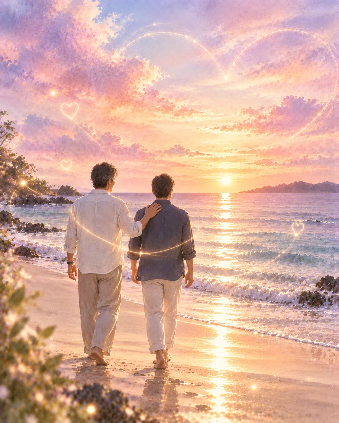 夕暮れの海辺の光の道を、並んで歩く二人