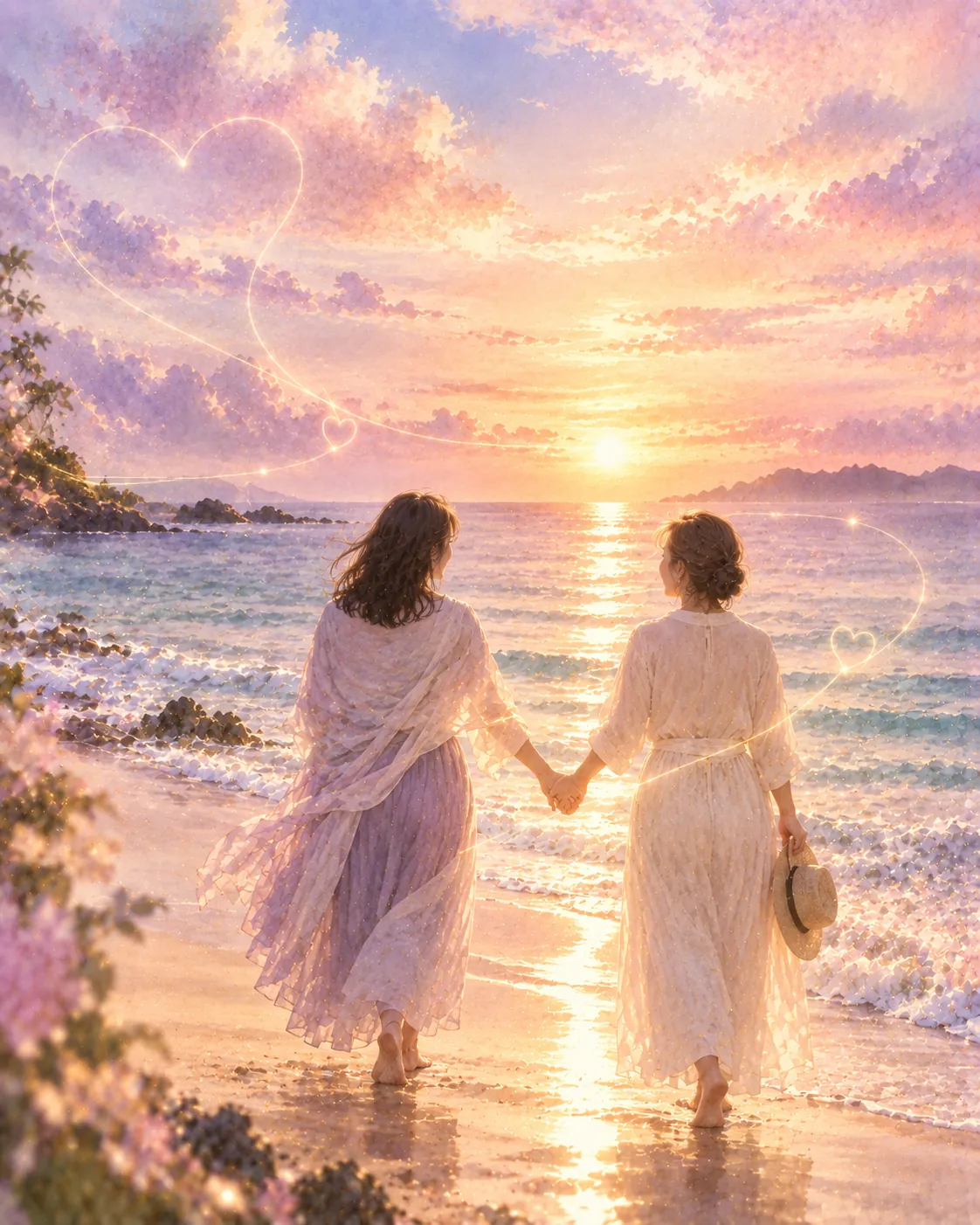 夕暮れの海辺を、手をつないで歩く二人