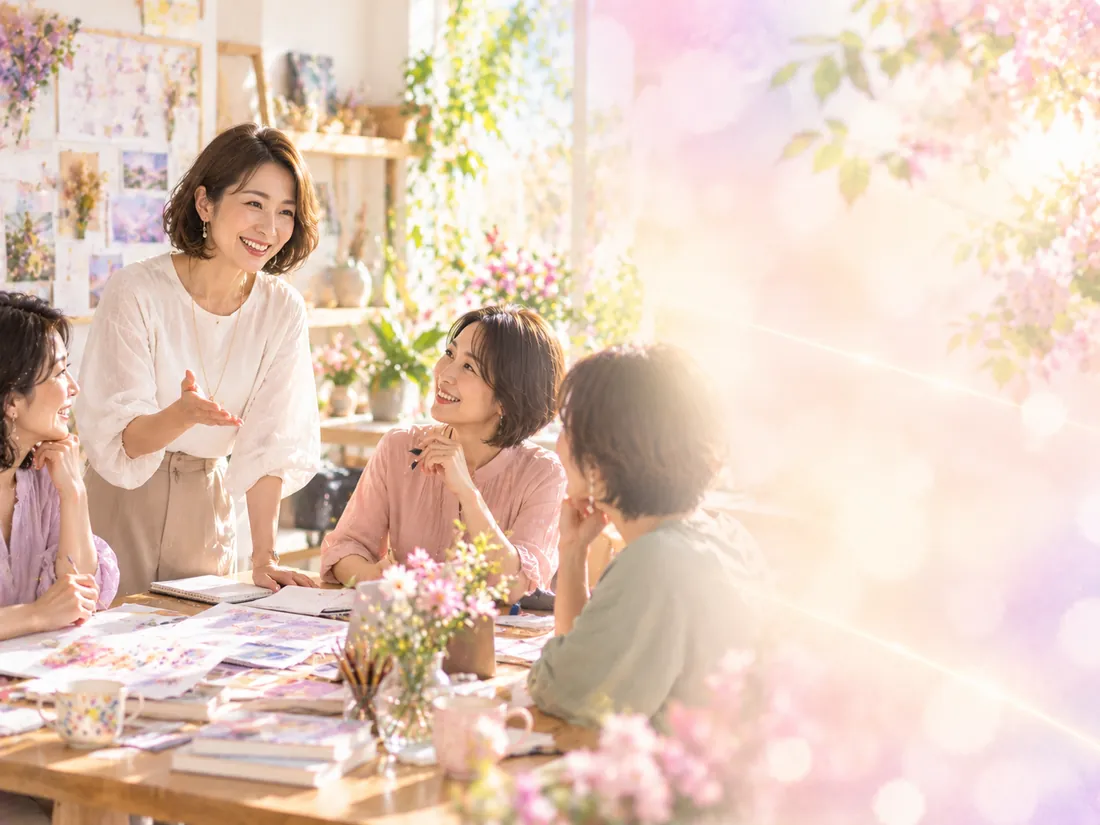 花と水彩画に囲まれたアトリエで、仲間と笑顔で語り合う女性