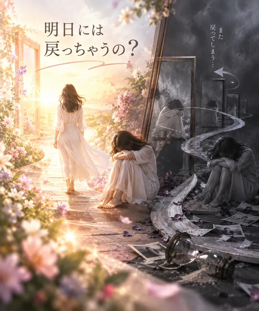 光の道を歩き出す人と、暗い鏡の中へ戻っていく人