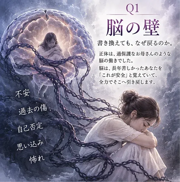 Q1 脳の壁。書き換えても、なぜ戻るのか。正体は、過保護なお母さんのような脳の働きでした。脳は、長年苦しかったあなたを「これが安全」と覚えていて、全力でそこへ引き戻します。