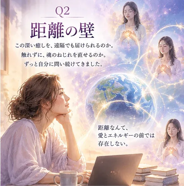 Q2 距離の壁。この深い癒しを、遠隔でも届けられるのか。触れずに、魂のねじれを直せるのか。ずっと自分に問い続けてきました。