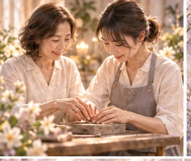 二人の女性が手を添えて器を作っている