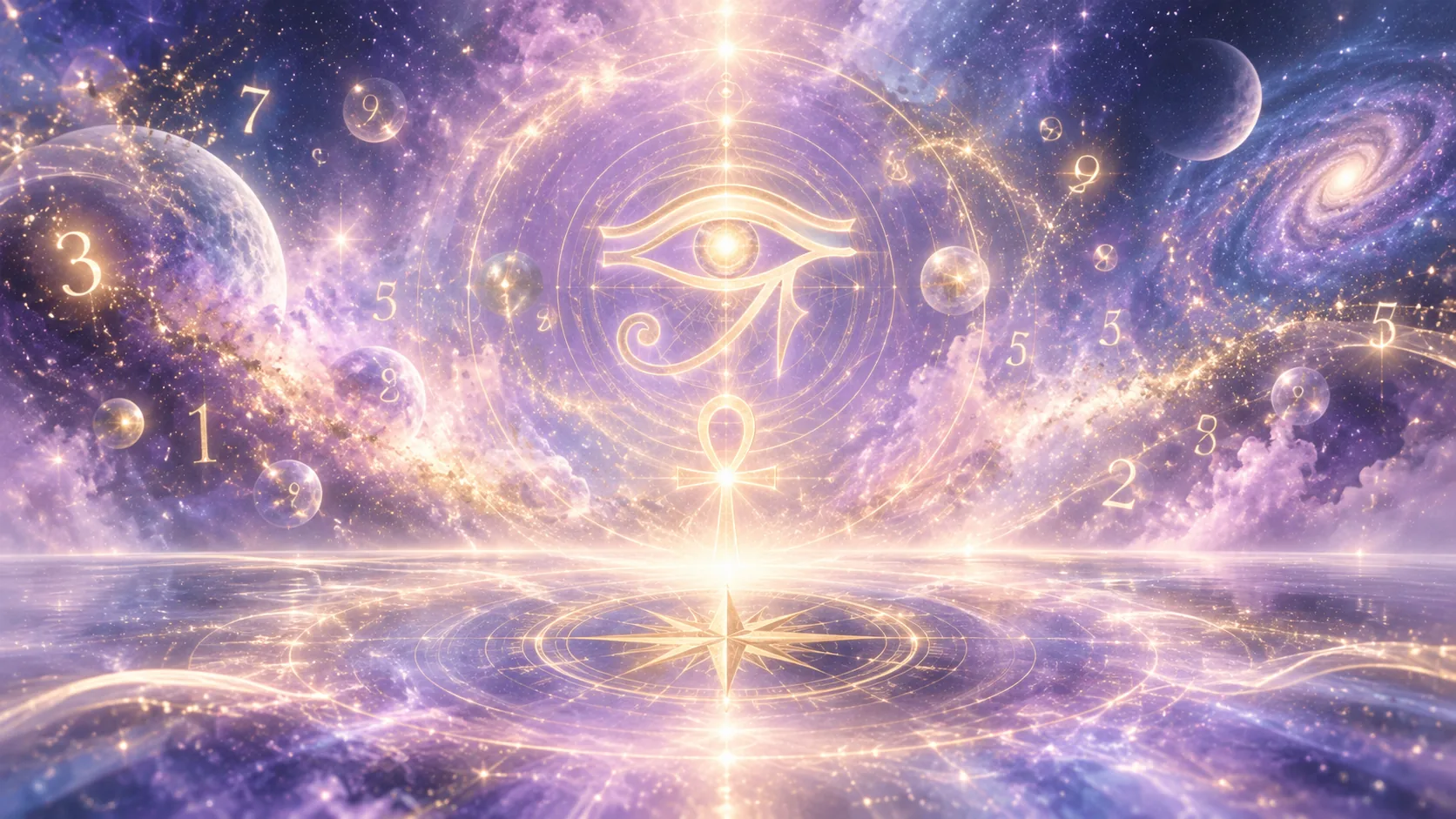 数字と星々と金の羅針盤が浮かぶ宇宙