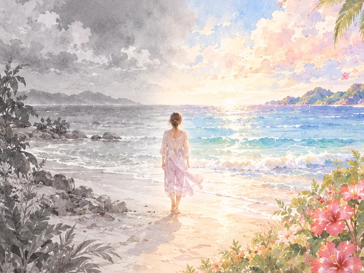 同じ海辺の景色。左は色を失い、右は澄んだ色を取り戻している