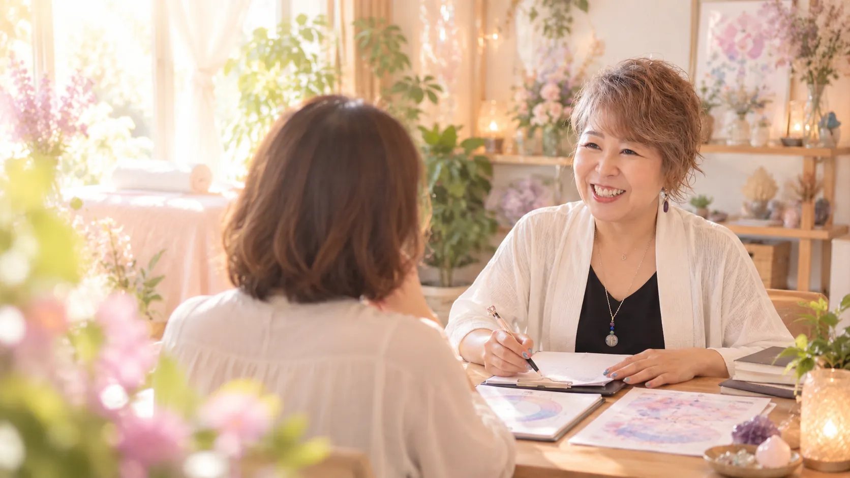 サロンでお客様の話を聞きながら書き留めるNanaluna